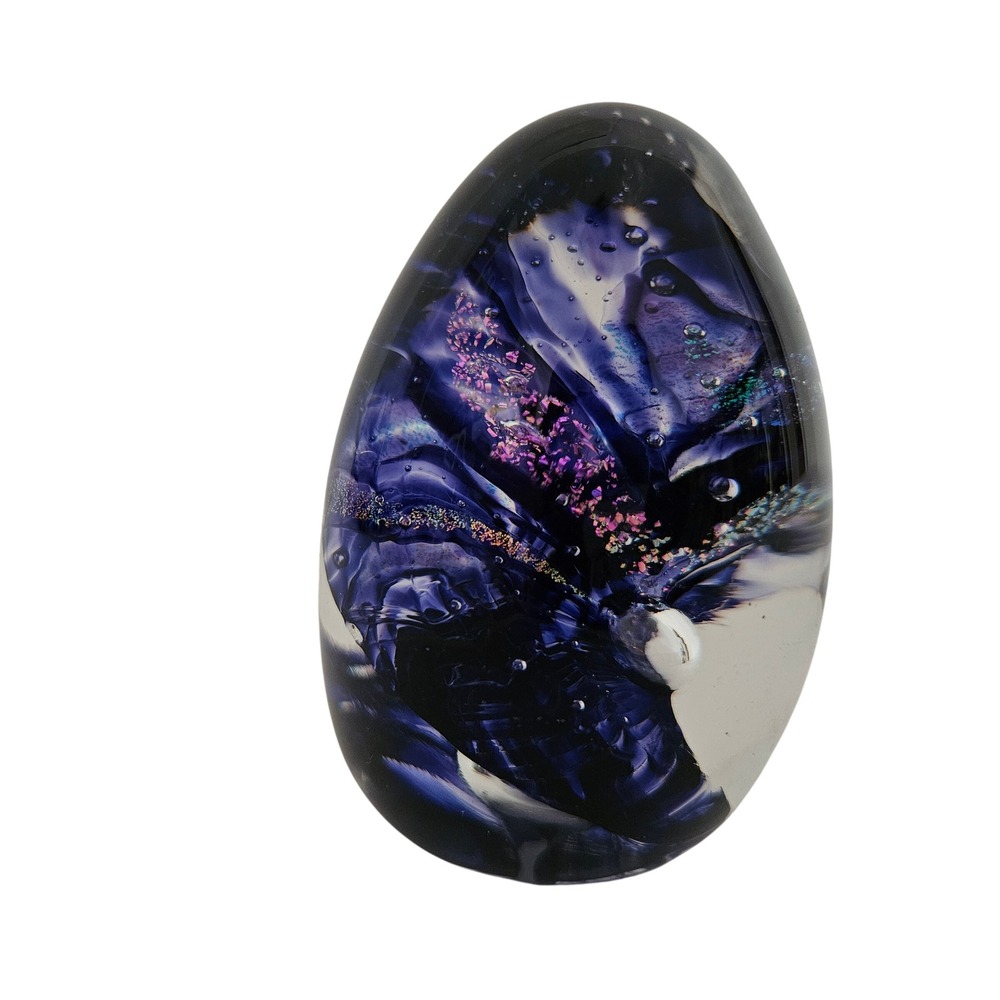 Signed Art Glass Paperweight Egg Shape Purple Blue Decorative Home Office Decor
